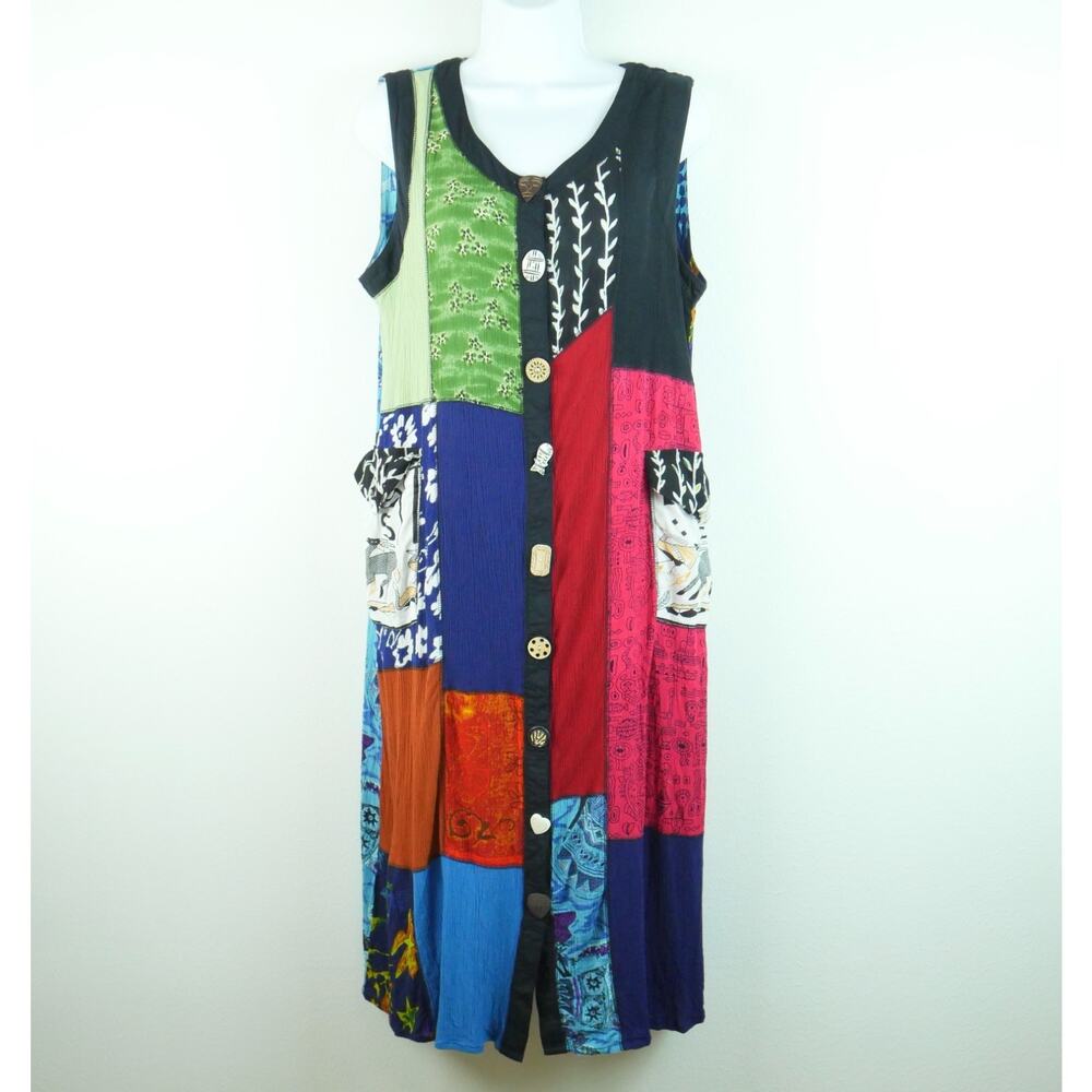 La Cera Patchwork Novelty Button Midi Tank Dress L Rayon Boho Hippie Artsy Beach